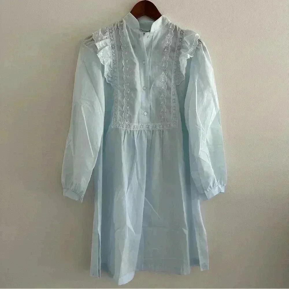 Rare Vintage Christian Dior Blue Cotton Night Gown Dress S/4-6